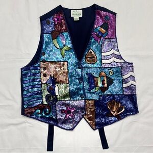Quacker Factory Women's L Sequin/beads Vest Nautical Artistic Design Vintage